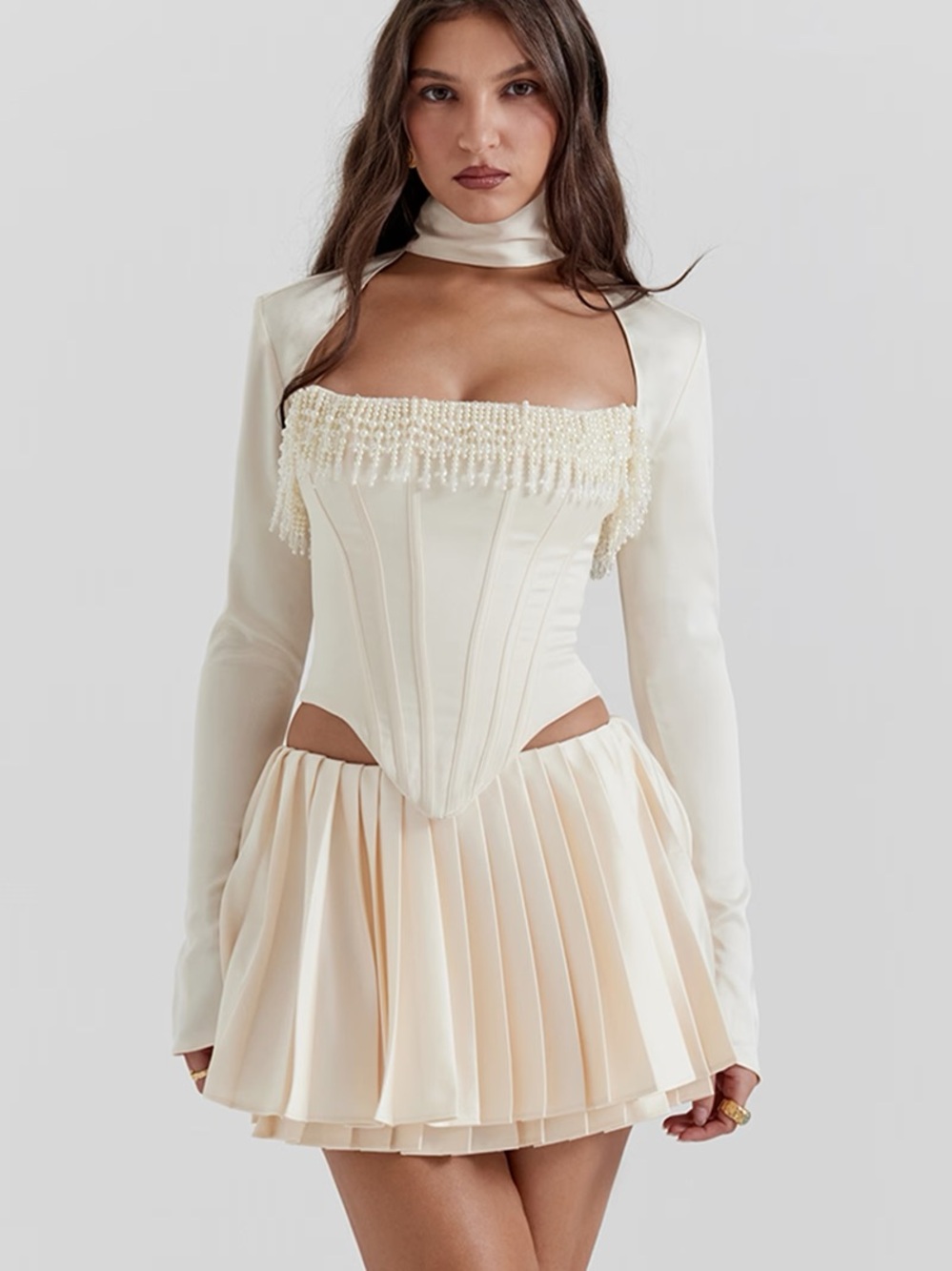 House of CB Aubrie Pearl Embellished Satin Corset Two-Piece Top in Vintage Cream